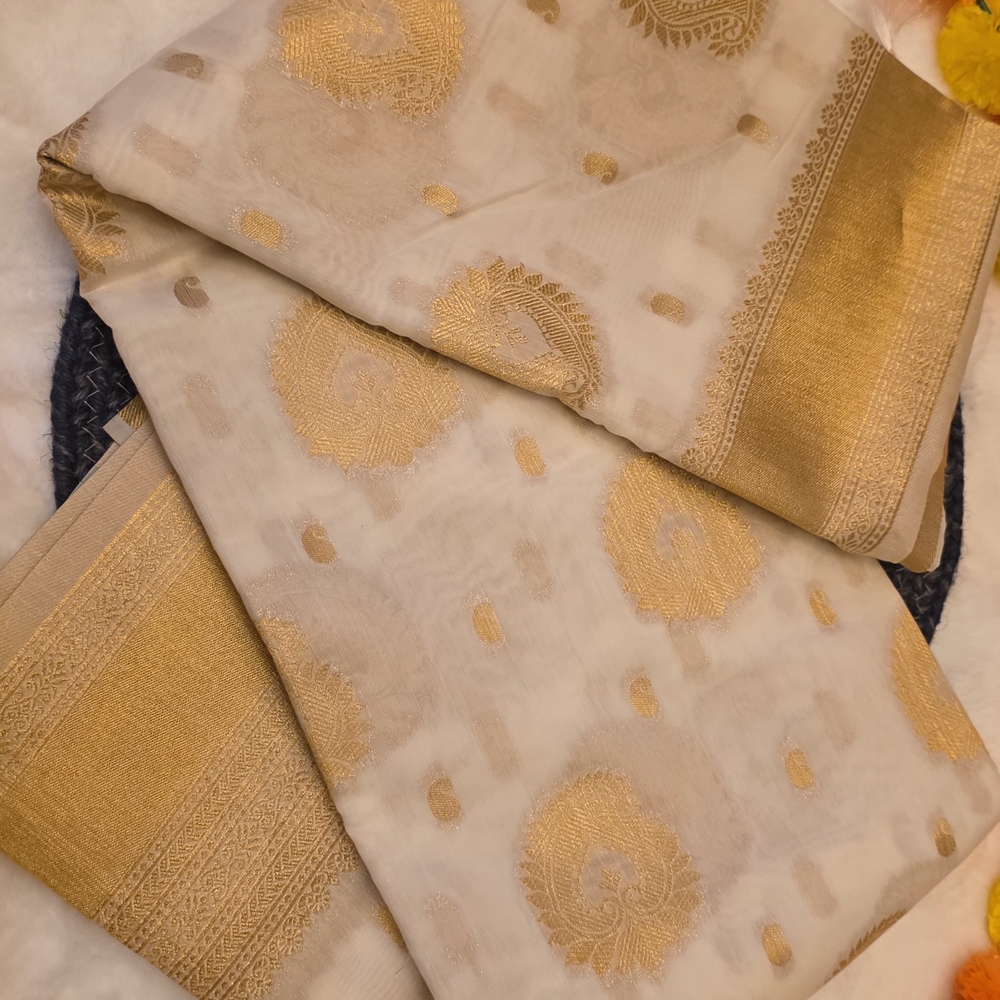 Elegant Gold and Cream Saree  with ready-to-wear draping included!"